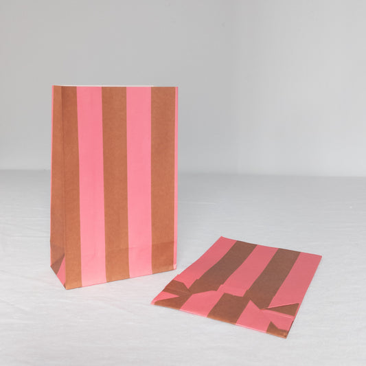 Pink and Brown Striped Paper Bags - Set of 6