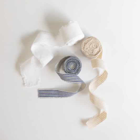 Linen Ribbon – Natural White & Blue Stripes for Gift Wrapping & Crafts
