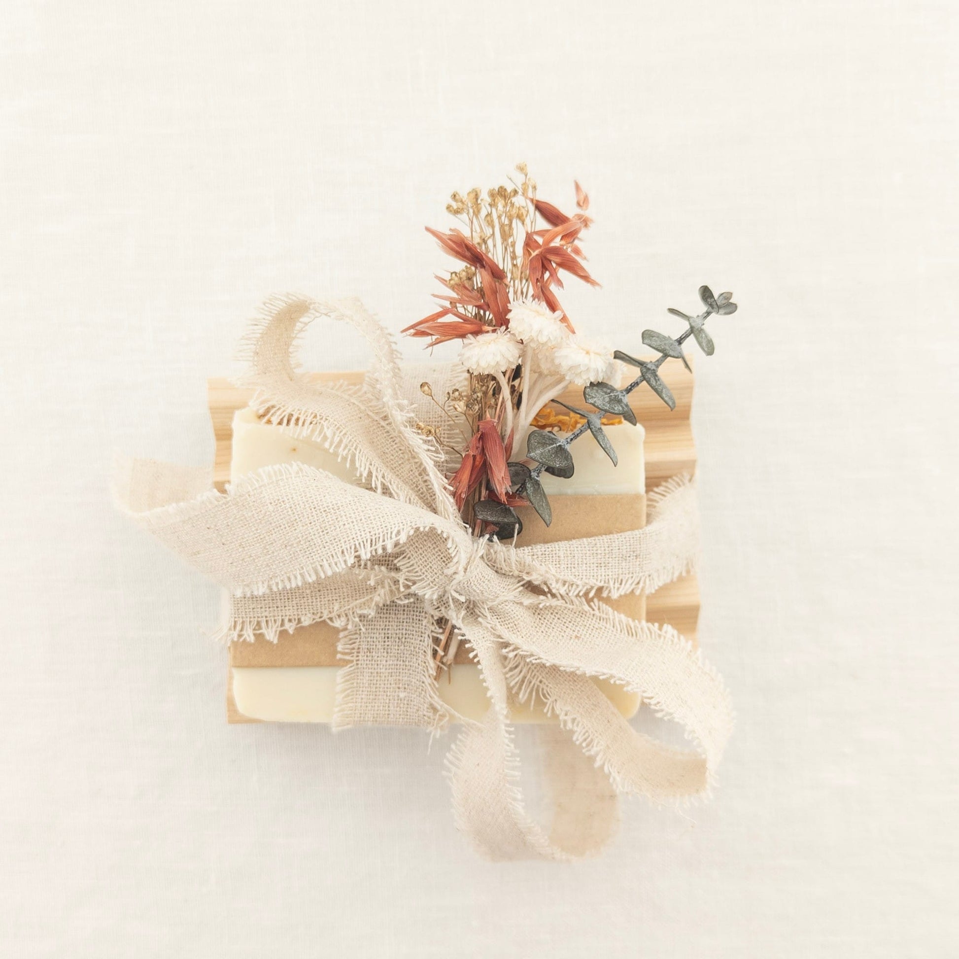 Linen ribbon wrapped around soap, rustic gift idea